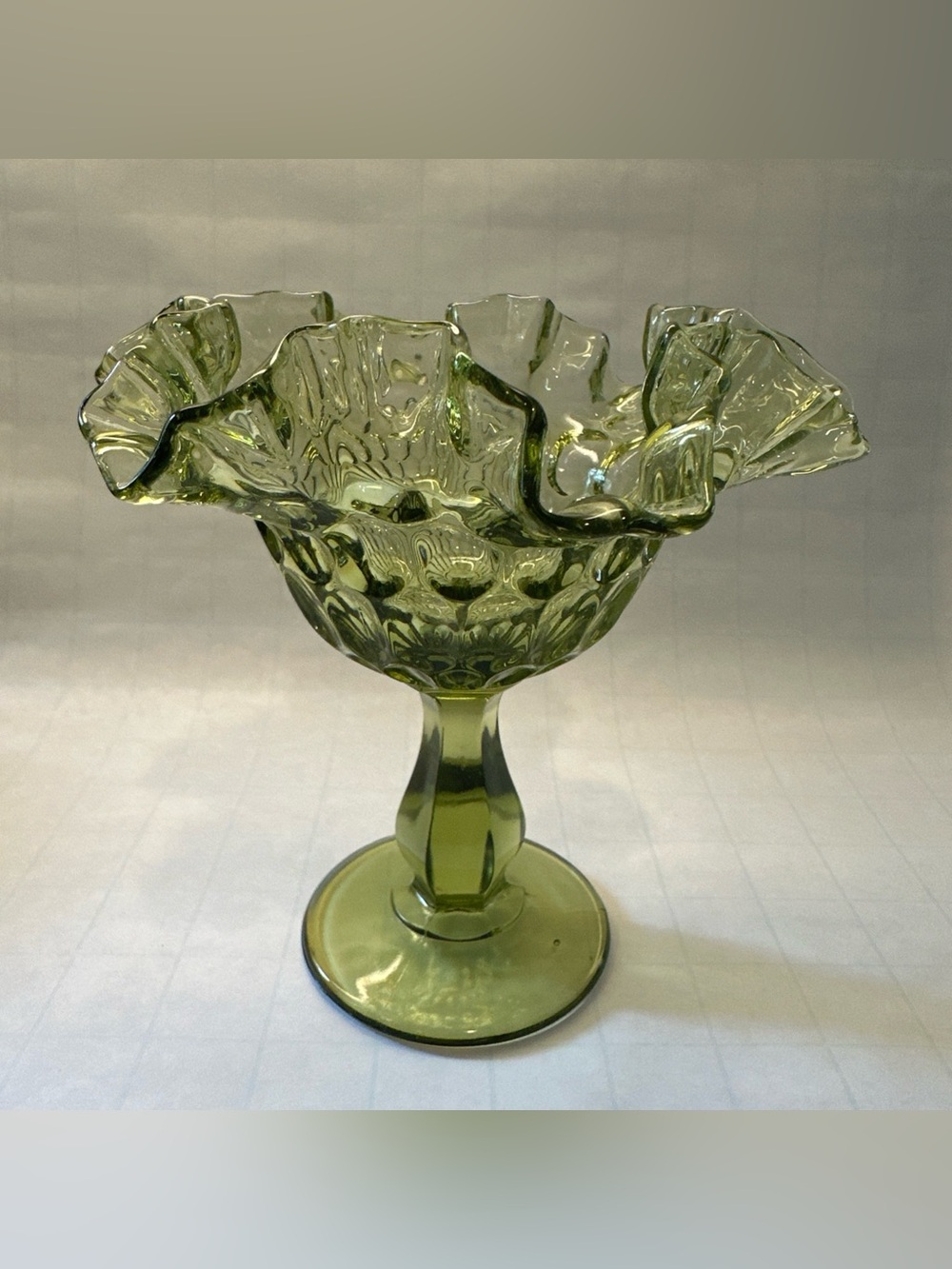 Vintage Fenton Colonial Green Thumbprint 6" Compote Ruffled Pedestal Candy Dish